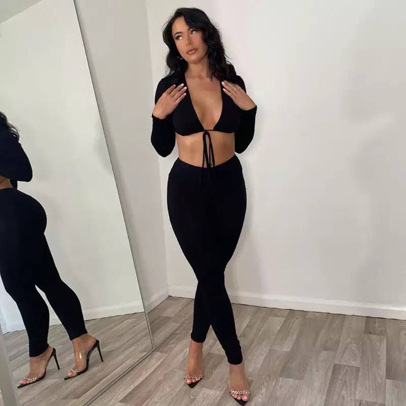 Crop Top Women Sports Overalls Stretchy Slim Fit Two Pieces Sets Long Sleeve Suits for Women Drawstring Shirring Woman Outfits