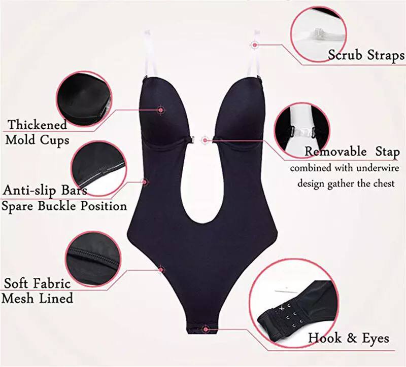 Sexy Full Body-Shaper Bra Women Deep V Convertible Bra Thongs Shape-Wear Backless Invisible Push Up Underwear Slimming Bodysuit