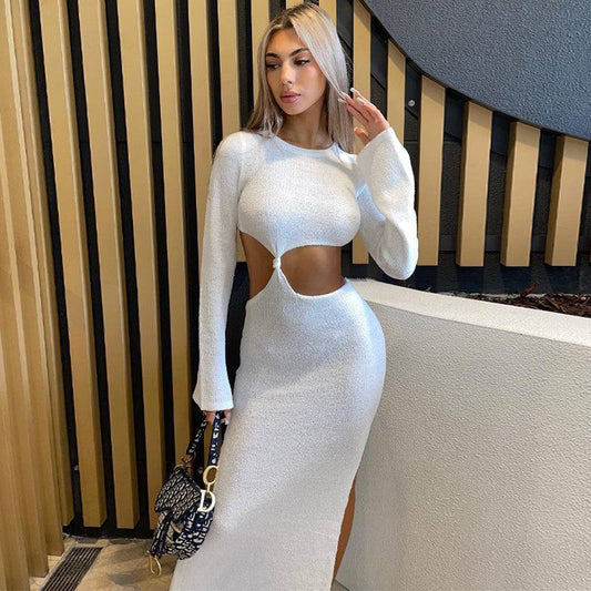Women’s Dresses 2022 Autumn New Stylish O-neck Long Sleeves Hollow Out Dress Knitted Ladies Dress
