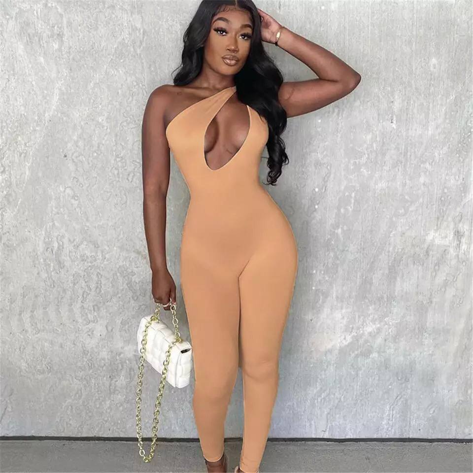 New women solid color irregular one-shoulder twisted sleeveless sexy Hollow out slim-fit trousers jumpsuit