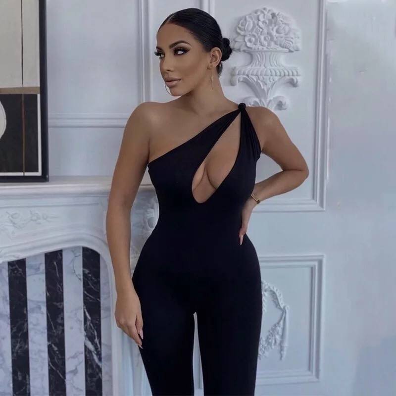 New women solid color irregular one-shoulder twisted sleeveless sexy Hollow out slim-fit trousers jumpsuit
