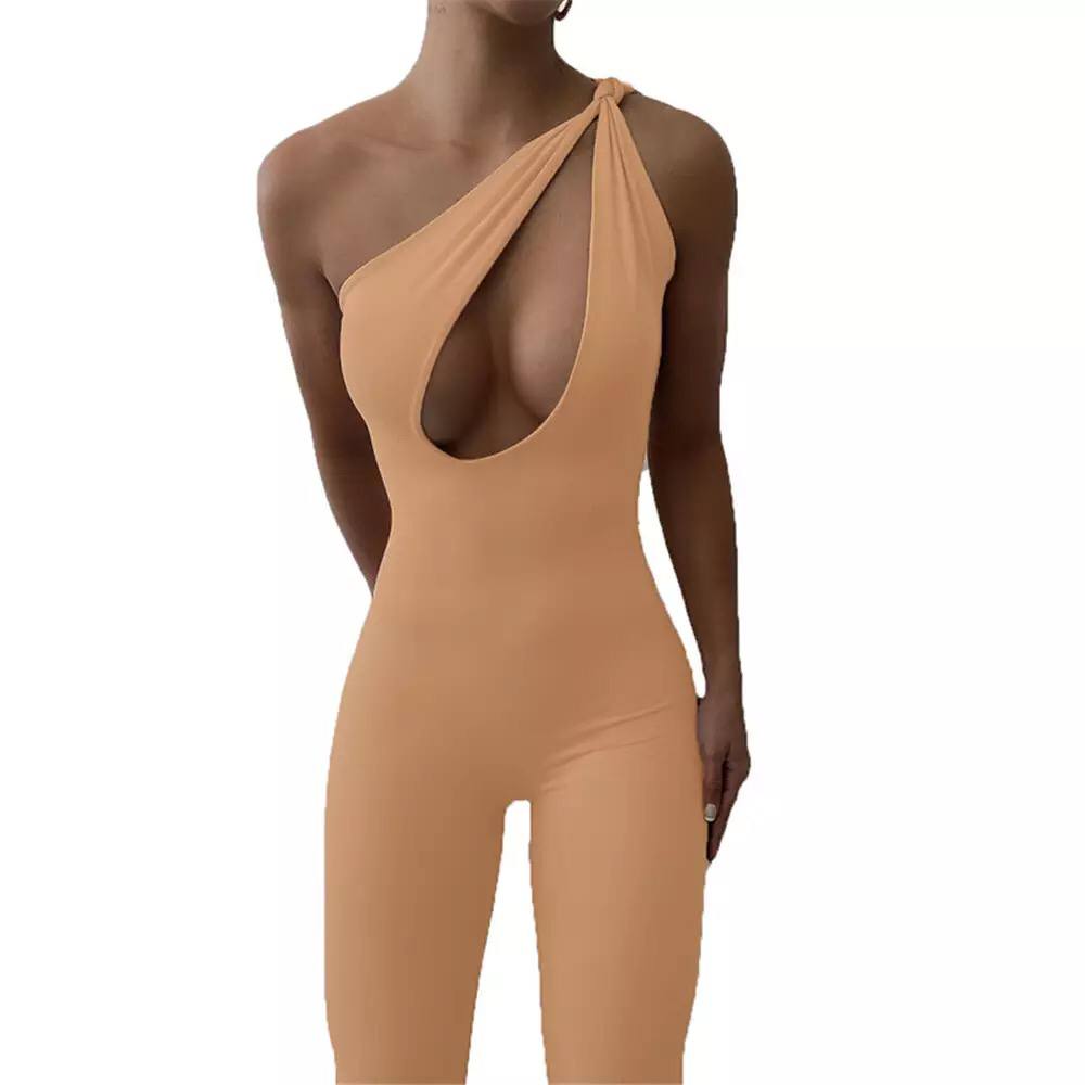 New women solid color irregular one-shoulder twisted sleeveless sexy Hollow out slim-fit trousers jumpsuit