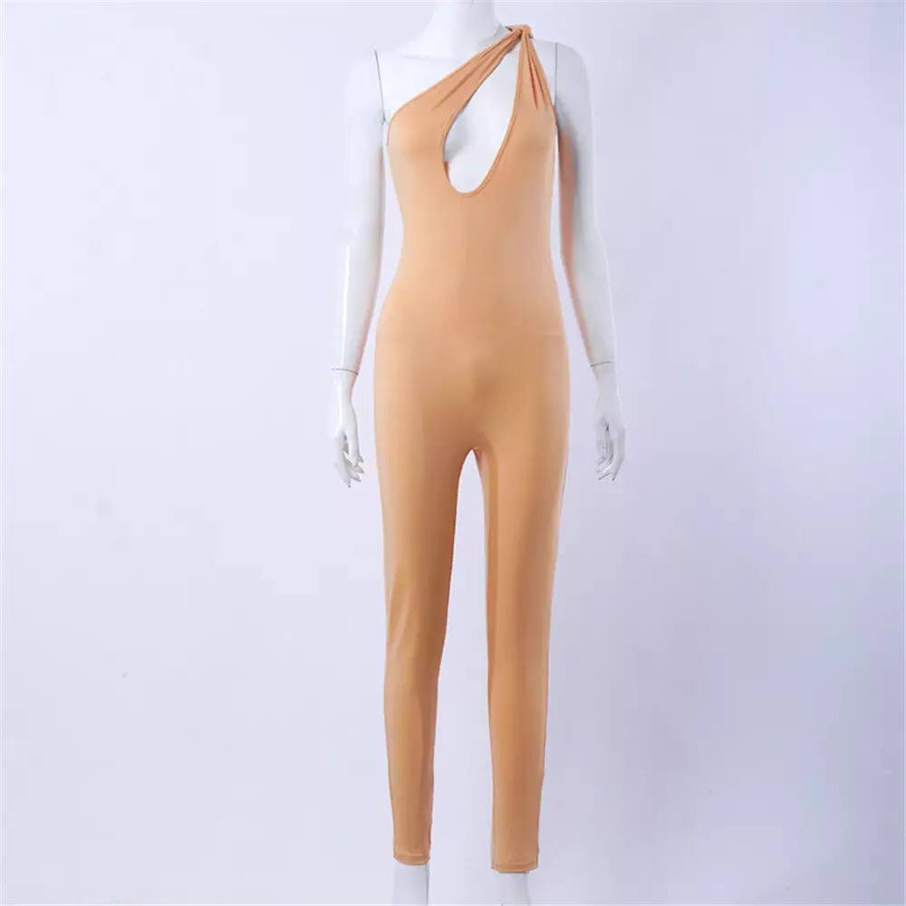 New women solid color irregular one-shoulder twisted sleeveless sexy Hollow out slim-fit trousers jumpsuit
