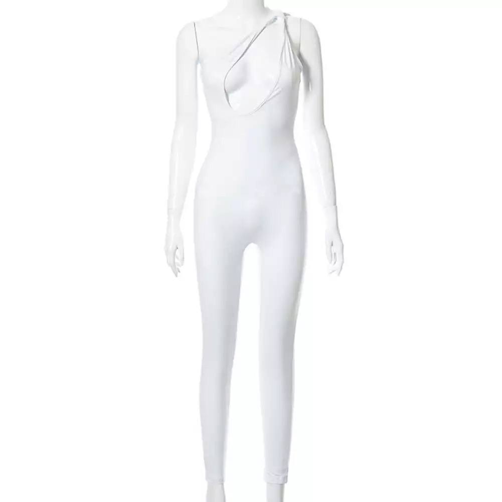 New women solid color irregular one-shoulder twisted sleeveless sexy Hollow out slim-fit trousers jumpsuit