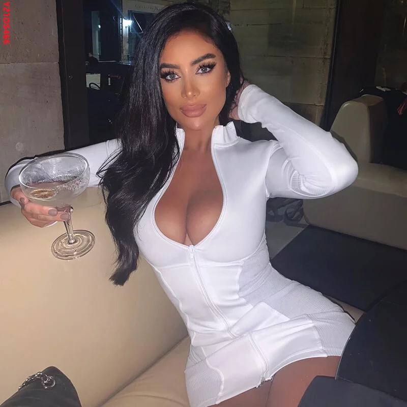 Fashion Street wear Long Sleeve O-neck Zipper Ribbing Solid Color Mini Dresses Women Sexy