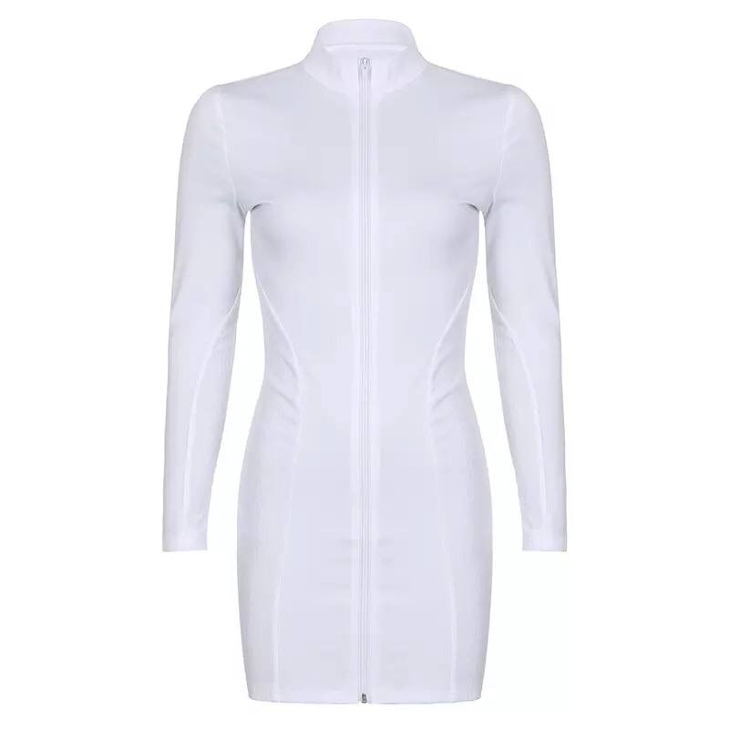 Fashion Street wear Long Sleeve O-neck Zipper Ribbing Solid Color Mini Dresses Women Sexy