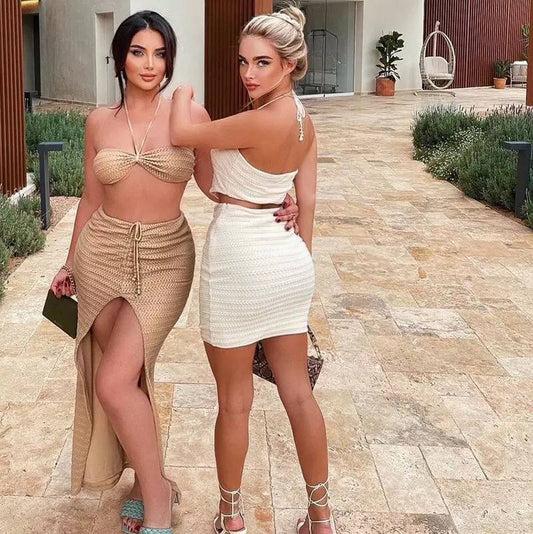 Women's Two-Piece Set with Lace, Strapless T-shirt, Tight Skirt, Sexy Women's Dress