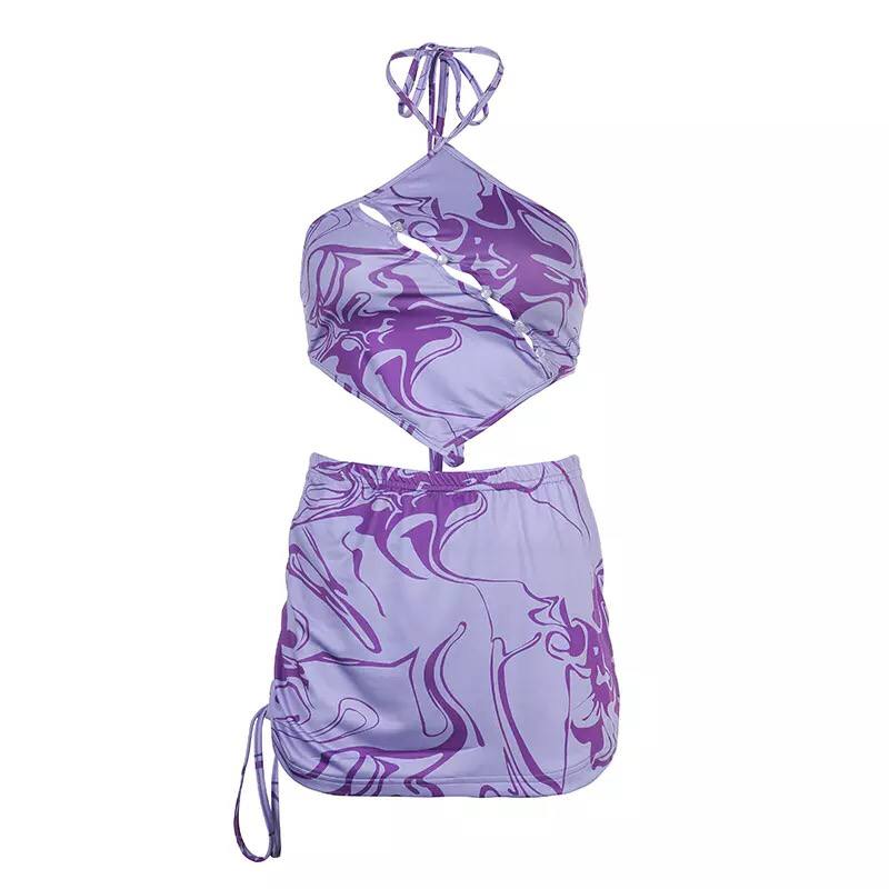 2022 Women’s Sexy Corrugated Printed Irregular Hollow-Out Halter Spaghetti Straps Drawstring Skirt Street Hot Girl Suit