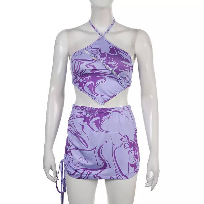 2022 Women’s Sexy Corrugated Printed Irregular Hollow-Out Halter Spaghetti Straps Drawstring Skirt Street Hot Girl Suit