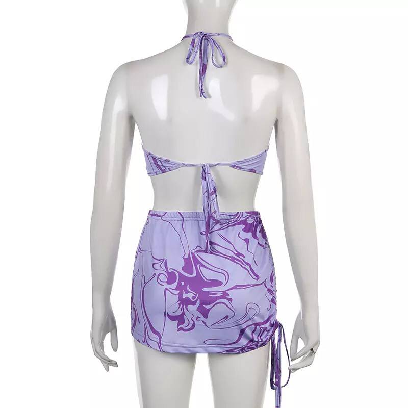 2022 Women’s Sexy Corrugated Printed Irregular Hollow-Out Halter Spaghetti Straps Drawstring Skirt Street Hot Girl Suit