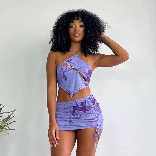 2022 Women’s Sexy Corrugated Printed Irregular Hollow-Out Halter Spaghetti Straps Drawstring Skirt Street Hot Girl Suit