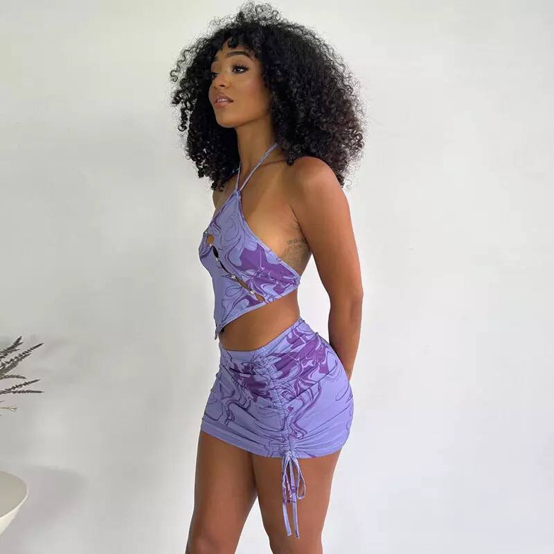 2022 Women’s Sexy Corrugated Printed Irregular Hollow-Out Halter Spaghetti Straps Drawstring Skirt Street Hot Girl Suit