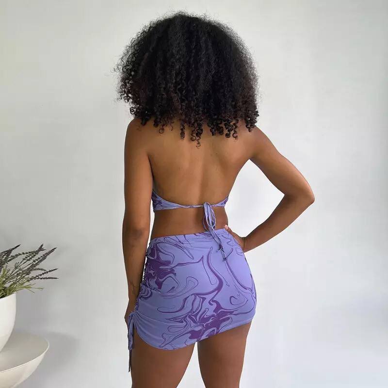 2022 Women’s Sexy Corrugated Printed Irregular Hollow-Out Halter Spaghetti Straps Drawstring Skirt Street Hot Girl Suit