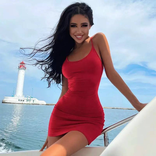 Solid Spaghetti Strap Sleeveless Dress For Women 2022 Summer Night Club Wear Sexy Backless Mini Dress