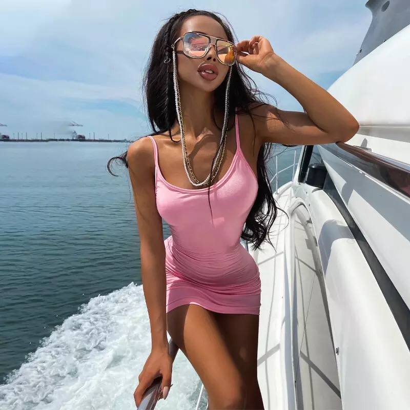 Solid Spaghetti Strap Sleeveless Dress For Women 2022 Summer Night Club Wear Sexy Backless Mini Dress