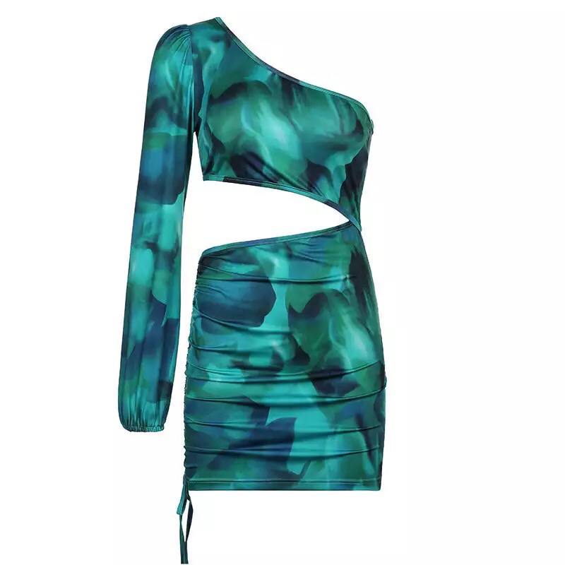 2022 Summer Women Tie Dye Print One Shoulder Dresses