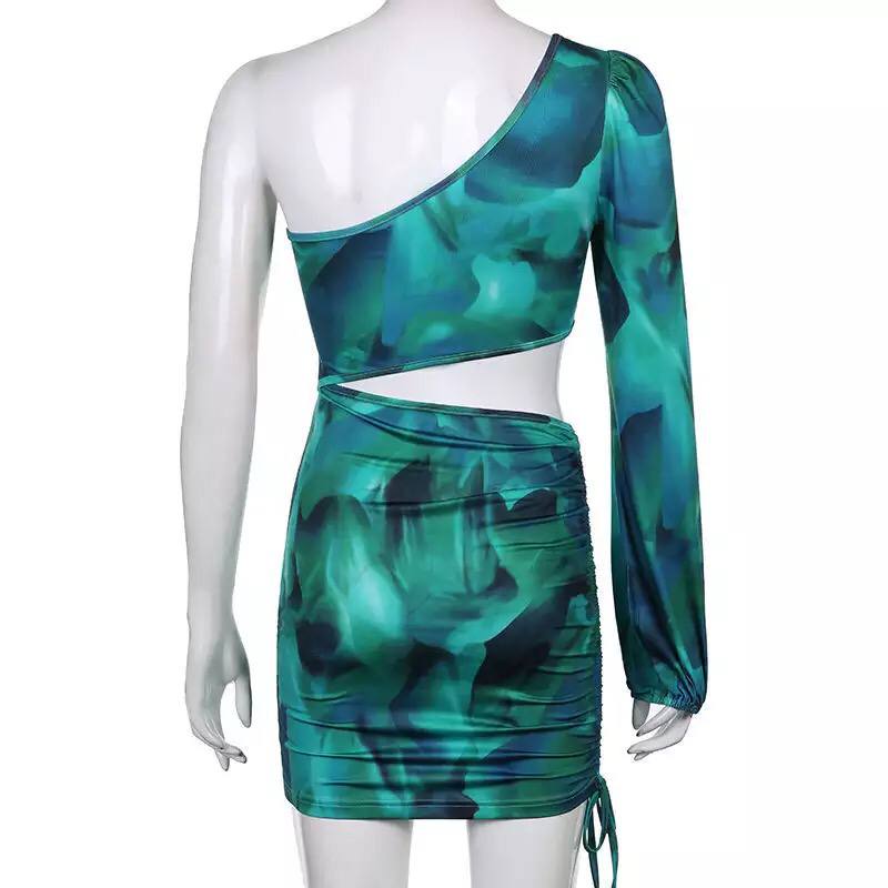 2022 Summer Women Tie Dye Print One Shoulder Dresses