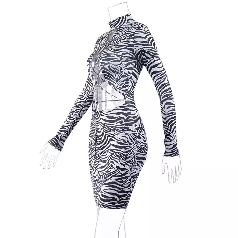 Women Sexy Hollow Out Long Sleeve Striped Dress