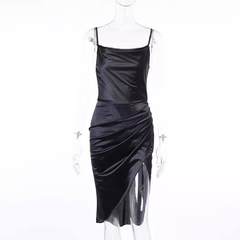 Dress Women Summer Satin Party Dress Black V-neck Hight Side Split Mini Dress Women Skinny Elegant Dresses