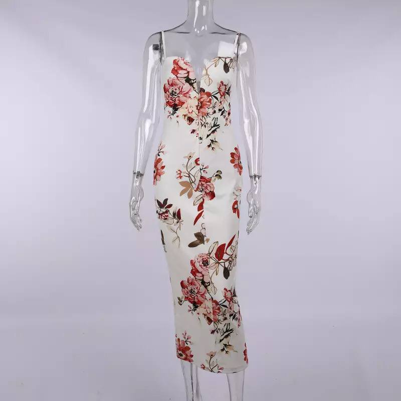 2022 Summer Women Dress Sexy Big V Neck Wrap Hip Tight Halter Dress Printed Flower Dress