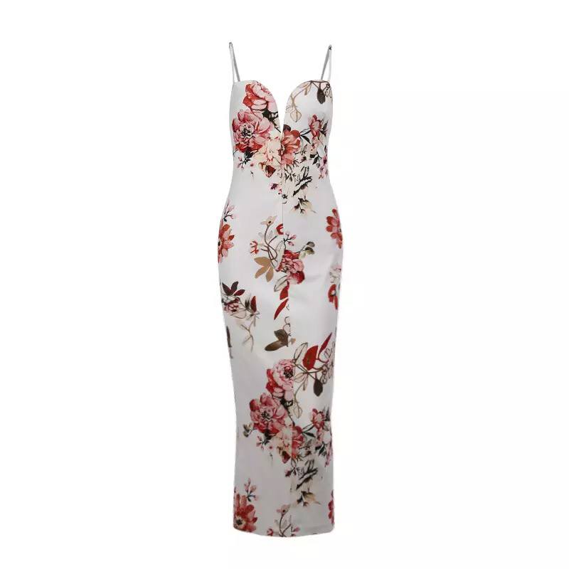 2022 Summer Women Dress Sexy Big V Neck Wrap Hip Tight Halter Dress Printed Flower Dress