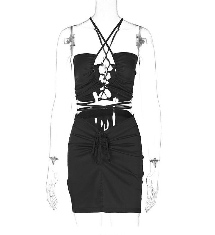 Sexy Dress Suits Women Halter Crop Top And Skirt Set Backless Outfits