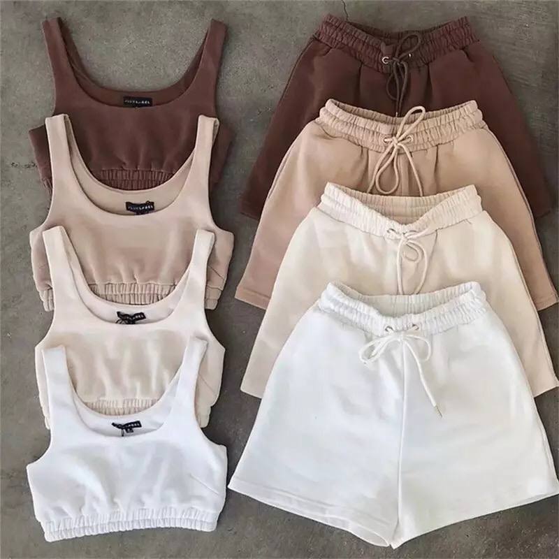 Casual Solid Shorts Sets Ladies Clothes Crop Top 2 Pieces And Drawstring Shorts Matching Sportswear Set Summer Outfits