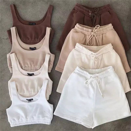 Casual Solid Shorts Sets Ladies Clothes Crop Top 2 Pieces And Drawstring Shorts Matching Sportswear Set Summer Outfits