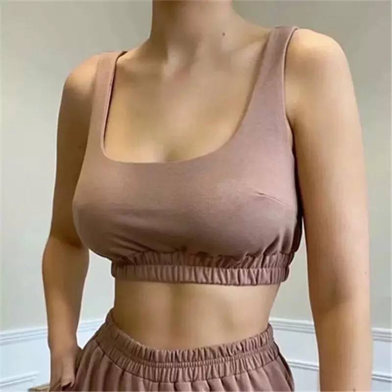 Casual Solid Shorts Sets Ladies Clothes Crop Top 2 Pieces And Drawstring Shorts Matching Sportswear Set Summer Outfits