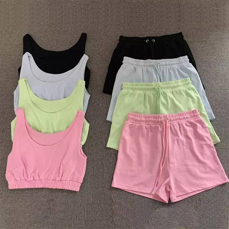 Casual Solid Shorts Sets Ladies Clothes Crop Top 2 Pieces And Drawstring Shorts Matching Sportswear Set Summer Outfits