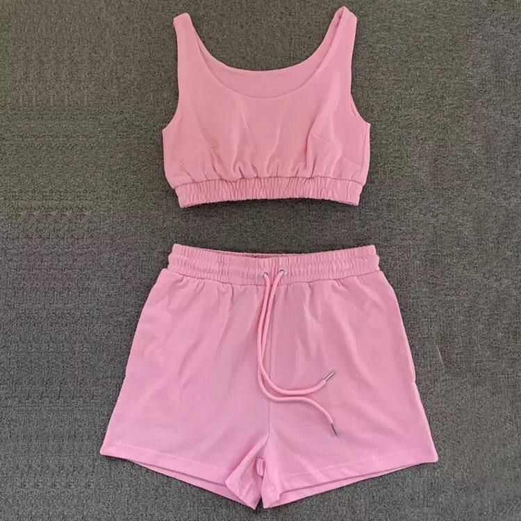 Casual Solid Shorts Sets Ladies Clothes Crop Top 2 Pieces And Drawstring Shorts Matching Sportswear Set Summer Outfits