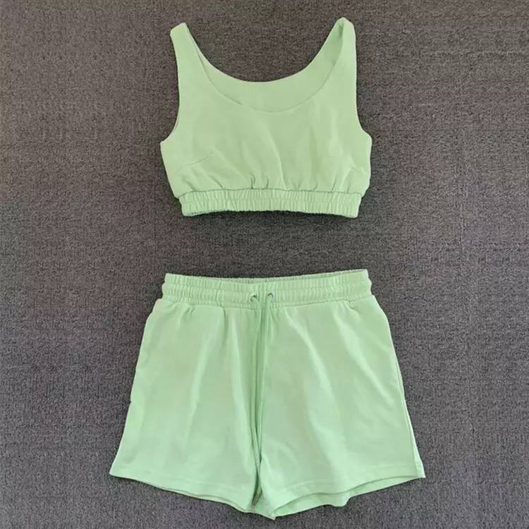 Casual Solid Shorts Sets Ladies Clothes Crop Top 2 Pieces And Drawstring Shorts Matching Sportswear Set Summer Outfits