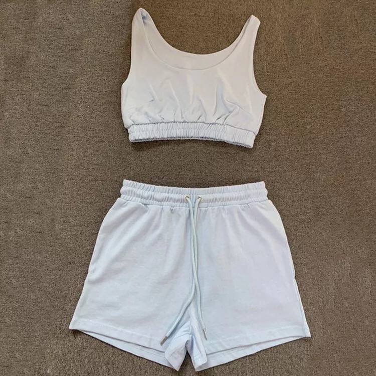 Casual Solid Shorts Sets Ladies Clothes Crop Top 2 Pieces And Drawstring Shorts Matching Sportswear Set Summer Outfits