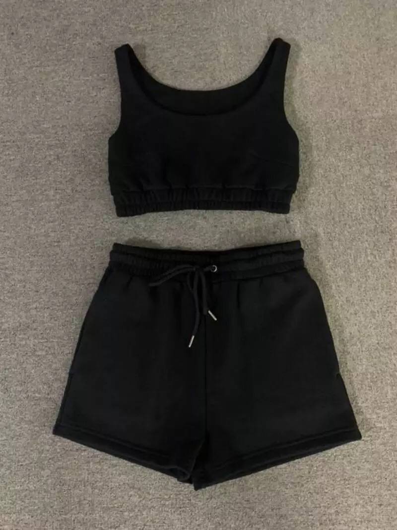 Casual Solid Shorts Sets Ladies Clothes Crop Top 2 Pieces And Drawstring Shorts Matching Sportswear Set Summer Outfits
