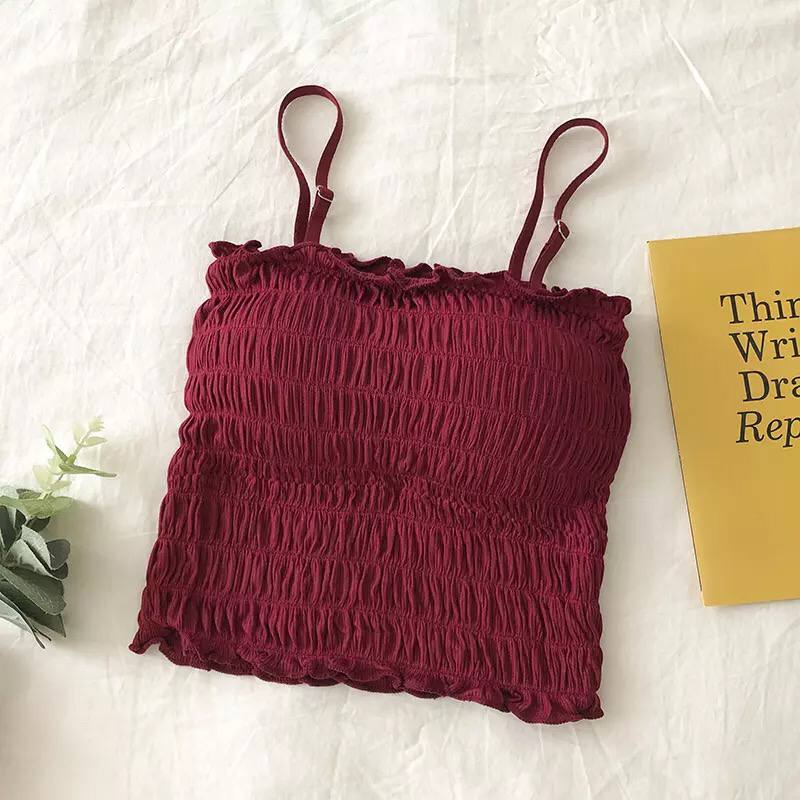 2021 Summer Solid Color Elastic Tube Top Vest Suspenders Adjustable Two-Wear Pleated Top Women's Slim Sexy